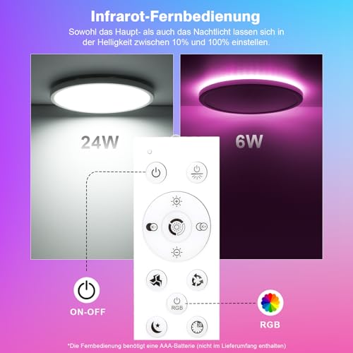 Oraymin Ceiling Light with Remote Control, Diameter 30 cm, 24 W, 3300 lm, LED Ceiling Light, RGB Colour Changing Round, 3000 K - 6500 K LED Ceiling Light, Dimmable for Bedroom, Kitchen, Living Room, Corridor, Balcony