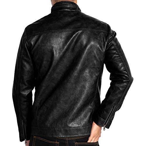 MAGE MALE Mens Leather Jacket Slim Fit Stand Collar PU Motorcycle