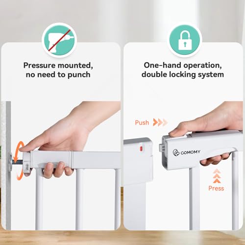 COMOMY Extendable Safety Barrier 75-103 cm, Child Safety Barrier with Automatic Closing System, 7 cm and 14 cm Extensions, White