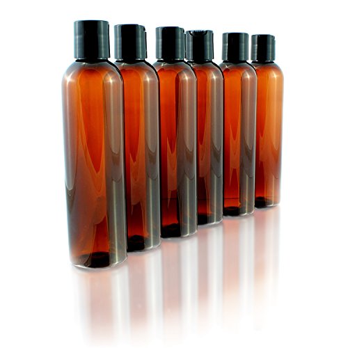 8oz Empty Plastic Bottles with Disc Top Flip Cap (6 pack); BPA-Free Containers For Shampoo, Lotions, Liquid Body Soap, Creams (8 ounce, Amber Brown)