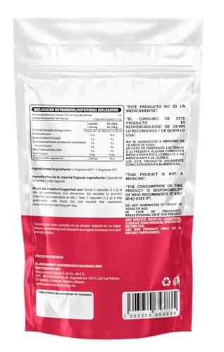 Wellthy L-Arginina 1200mg 220 Caps. 100% Pura y Natural, 110 Porciones por Envase, Alta Pureza con Certificaciones Internacionales, Bottle Free