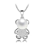Sinya Sterling Silver Cute Teddy Bear Chokers Pendant Necklace FreshWater Cultured Pear 16Inch for Girls
