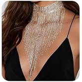 Xerling Extra Long Rhinestones Tassel Choker Necklaces for Women Boho Fringe Chains Multi-row Rhinestones Long Wedding Necklaces Statement Bridal Bib Collar Necklaces (Silver)