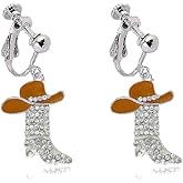 Rhinestone Western Boots Clip on Earrings Cowgirl Cowboy Enamel Hat Earrings Boot Drop Dangle Earrings for Women