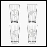 Game Thrones set of FOUR Houses etched pint glasses: Stark, Baratheon, Lannister, Targaryen