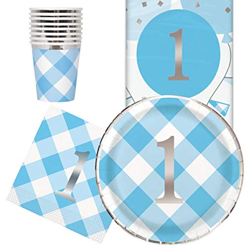 Blue Gingham 1st Birthday Party Tableware Pack for 8
