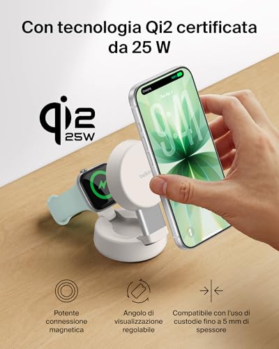 UltraCharge Pro Caricatore Wireless Magnetico Convertibile 2 in 1 MagSafe Qi2.2 25W, Stazione di Ricarica per iPhone 17, Apple Watch Series 10, Pixelsnap, (Alimentatore 45W Incluso), Sabbia