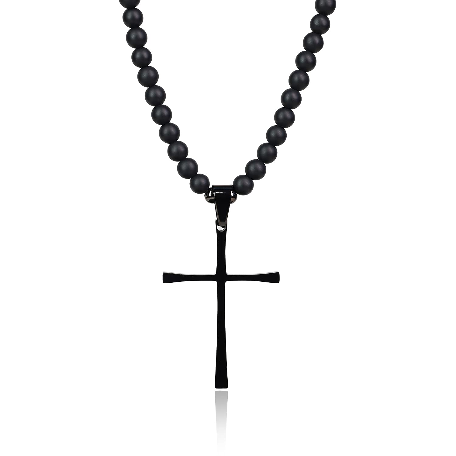 COAI Onyx Crystal Beaded Necklace for Men, Black Cross Pendant Necklace for Men