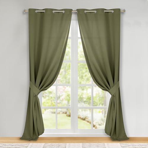 Superior Blackout Curtains, Room Darkening, Bedroom, Drapes, Kitchen, Living Room Window Accents, Sun Blocking, Thermal, 2 Pack, Solid Blackout Curtains, Set of 2, 46″ x 108″, Olive Green