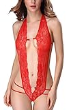 SEXYHUT Women Sexy Halter Lingerie One Piece Deep V Jumpsuit Mini Teddy Bodysuit,One Size (Red)