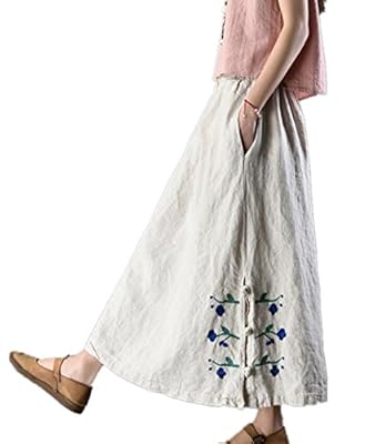 YESNO Y35 Women Casual Loose 'A' Skirt Ethnic Embroidery Chinese Traditional Frog Pocket