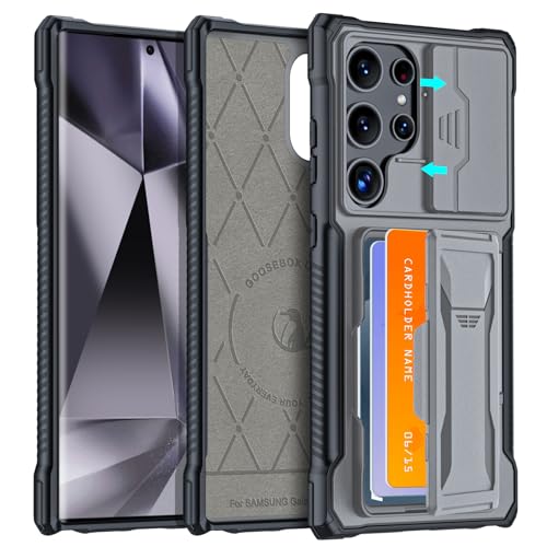 GooseBox for Samsung Galaxy S24 Ultra Case with Slide Privacy Protection Cover&Built-in Card Holder(3-4 Cards) & Kickstand, Duty Rugged Shockproof Wallet Case for Galaxy S24 Ultra for Women Men(Gray)