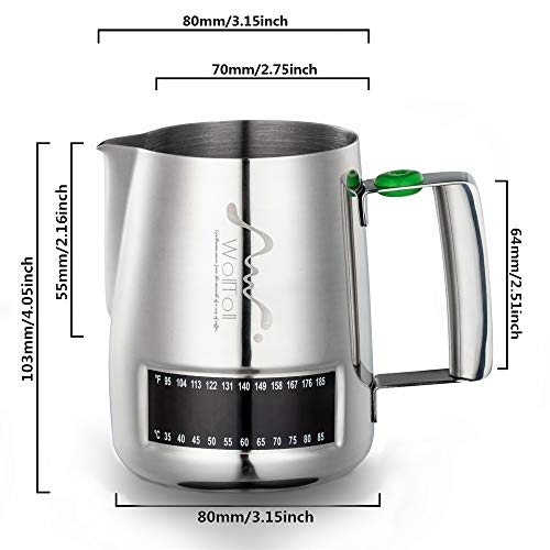 Milk Frothing Pitcher With Integrated Thermometer, 16oz/480ml Stainless Steel Milk Coffee Cappuccino Latte Art Barista Pitcher Milk Jug Cup, With Decorating Art Pen & Microfiber Cloth, Polished Finish - Thumbnail 2