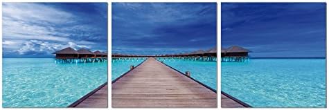 3 Panels Framed MDF Wall Art Set Ready to Hang for Any Wall Decoration, Triptych Wall Art Set, Water Villa  40x120cm (16x48 inch)