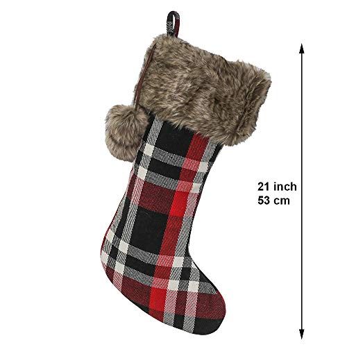Red Plaid Christmas Stockings - 2-Pack of 21 inch Holiday Stockings with Festive Mink Faux Fur Cuff and Hanging Pompoms