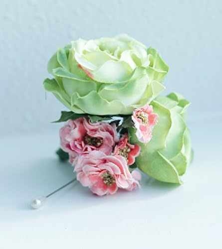 Boutonniere - Light green rose and coral fabric bloom, Wedding, Bridal, Special Event - Silk Flower