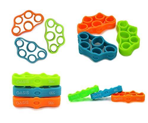 Oasis Finger Stretcher Exerciser Finger Hand Extensor Hand Resistance Bands Grip Strengthener Strength Trainer Gripper set for Rock Climbing Arthritis Carpal Tunnel Exercise and Guitar 3pcs