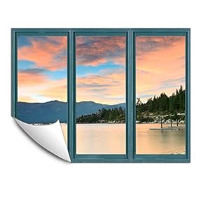 Wall Murals for Bedroom Fake Window Beach Blue Window Removable Wallpaper Peel and Stick Wall Stickers - 24x32 inches