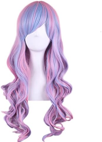 Rise World Wig Women's 75cm Long Curly Cosplay Full Hair Wig Blue Mixed Pink