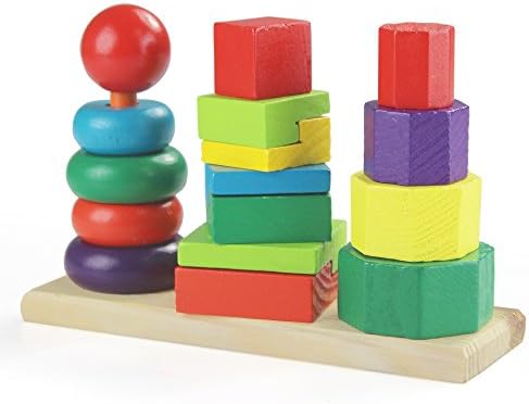 Wooden Stacking Block &amp; Ring Toy for Toddlers by KidzZingz - Colorful 17 Piece Set to Teach Hand Eye Coordination