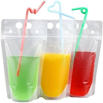 Clear Drink Pouches Bags,Heavy Duty Hand-held Translucent Reclosable Zipper Stand-up Plastic Pouches Bags Drinking Bags 2.4" Bottom Gusset with Straws,100pcs
