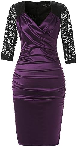 Zadachiel Women's Vintage V-Neck 3/4 Sleeve Ruffles Floral Lace Fitted Evening Pencil Dress