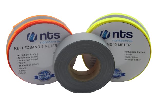 NTS Nähtechnik reflective tape, 5 metres, for sewing, 7 widths, choice of colours, Orange-silber-orange, 20mm