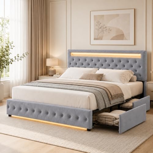 Queen Size LED Bed Frame with Adjustable Upholstered Headboard, LED Light Headboard Footboard, 4 Underbed Drawers, Wooden Slats Support, Metal Platform Bed Frame, No Box Spring Needed, Velvet Grey