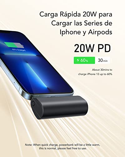 Mini Power Bank Portátil PD 22.5W para iPhone Lighting con Cable Integrado,Batería Portátil Inalámbrico Carga Rápida Banco de Energía 5000 mAh Compatible con iPhone 14/13/12/11/X ¡Idea de regalo