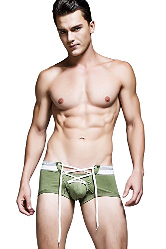 Banana Bucket Men's Sexy Lingerie Cotton Tie Rope Cute Boxer Brief Underwear Panties (US L = Asian Tag 2XL , Army Green)