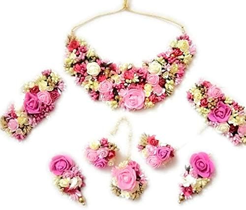 Handmade Gota Multicolour Plastic Flower Mehandi/Haldi/Godbharai/Marriage/Kitty Party Necklace Set with Earrings for Women