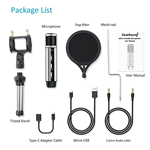 ZealSound USB Microphone, Metal Condenser Recording Microphone for