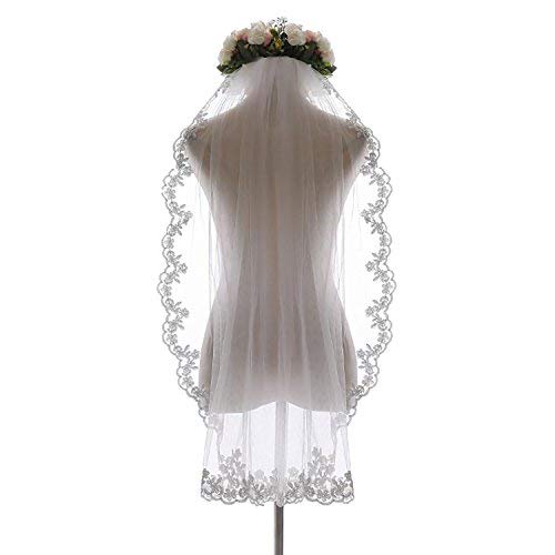 1 Tier Short Wedding Bridal Veil with Comb Lace Applique Edge Fingertip Length