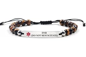 RENYILIN Medical Alert ID Bracelet, Natural Tiger's Eye Beads, Curved Design, Adjustable