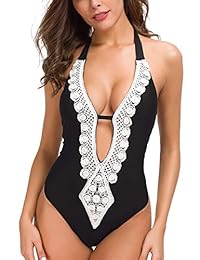 Tempotrek Traje de baño de una pieza para dama, de encaje, profundo, monokini, con acolchado