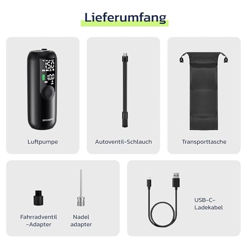 Woowind Bicycle Air Pump for Car, Bicycle & Moto, Auto Stop, 10.3 Bar | Electric bicycle pump, battery compressor, 1 minute inflation, LCD display, LED light