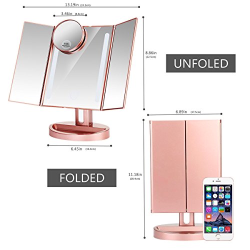 ASSIS Led Lighted Makeup Mirror with 10X Magnifying, Natural LED, Touch Screen and Auto Off Dual Power Supply, 180° Adjustable, Portable Compact Travel Trifold Vanity Mirror(Rose Gold)