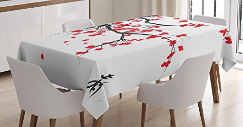 House Decor Tablecloth by Ambesonne, Sakura Blossom Japanese Cherry Tree Summertime Vintage Cultural Artwork, Rectangular Table Cover for Dining Room Kitchen, 60x90 Inch, Red Black