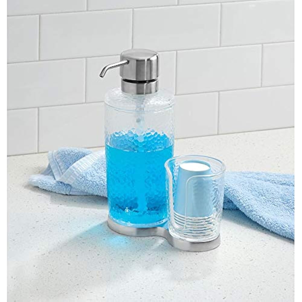 MDesign Modern Plastic Mouthwash Pump Caddy Disposable Cup Holder