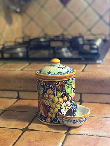 CERAMICHE D'ARTE PARRINI- Italian Ceramic Jar Salt Holder Decorated Grape Hand Painted Made in ITALY Tuscan Art Pottery