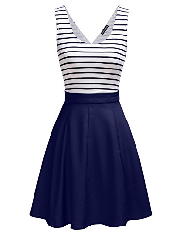 Omeya Womens Sexy Open Back Cocktail Slim Black White Striped Mini Dress, Navy, Large