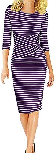 HEHEMAUD Women Three Quarter Sleeve Striped Work Wear Business Cocktail Pencil Dress Black White Purple Wine S/M/L/XL/2XL