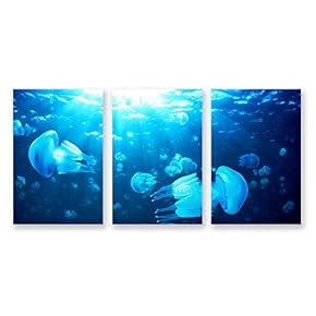 3 Panel Canvas Wall Art Jellyfish in Deep Sea Pictures Home Wall Decorations for Bedroom Living Room Paintings Canvas Prints Framed - 16"x24" x 3 Panels