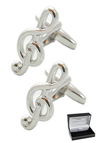Cufflinks for Men + Presentation Box - Treble Clef - Music - Solid Brass Metal - Musical Teacher Singer Player Violin Piano Instrument DJ - Silver Colour - One Pair