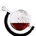 Whiskey Decanter for Spirits or Wine - Decorative Etched Glass Globe Design - Glass Ship Sculpture Inside - Artisan Quality - Dark Wood Stand - 850ml
