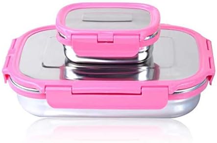 2 in 1 Flat Lunch Box Set (Pink Colorful Lunch Box)– Locking Lunch Box for Kids or Adults –Perfect Sleek Office Lunch Box – Plastic Free & Leak Proof Lunch Box, Food-Grade Stainless Steel