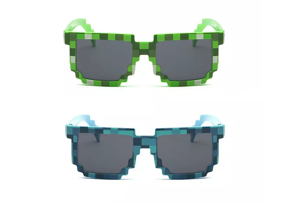 Kizrr Adults/Kids Size - [2 Pack] Thug Life 8-Bit Pixel Pixelated Gamer Sunglasses - [Green Blue]