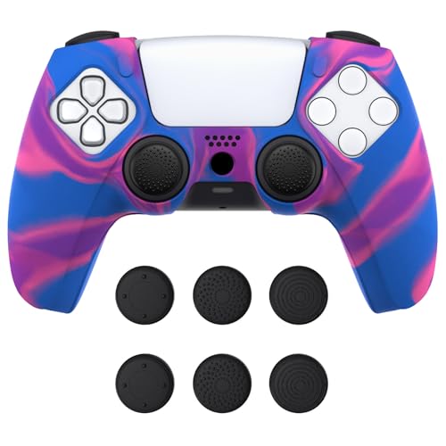 PlayVital Pure Series Dockable Model Anti-Slip Silicone Cover Skin for ps5 Controller, Soft Rubber Grip Case for ps5 Controller Fits with Charging Station with 6 Thumb Grip Caps - Pink & Purple & Blue