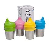 BravaWare Stainless Steel Cups and Silicone Sippy Lids for Kids Toddlers Babies BUNDLE: 4-8oz Cups and 4 Sippy Lids - BPA free Sippy Cup Set with Safe Rolled Edges
