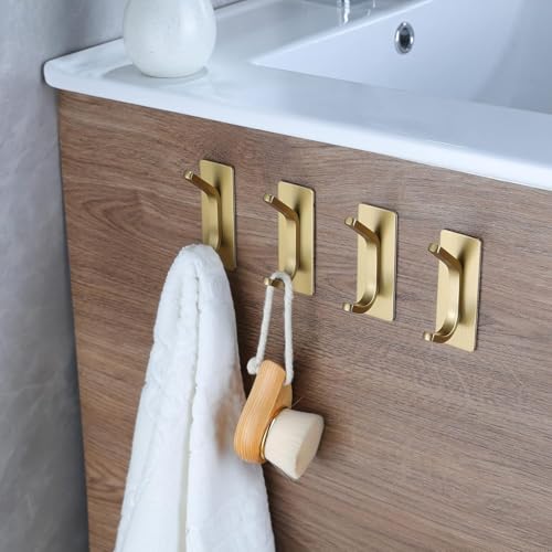 AMROAH 4pcs Stainless Steel Adhesive Hooks Wall Mounted, Heavy Duty Storage Wall Mount Hooks for Hanging Coat Clothes Towels Hat Bags for Home Entryway Bathroom Bedroom Kitchen Living Room (Gold)
